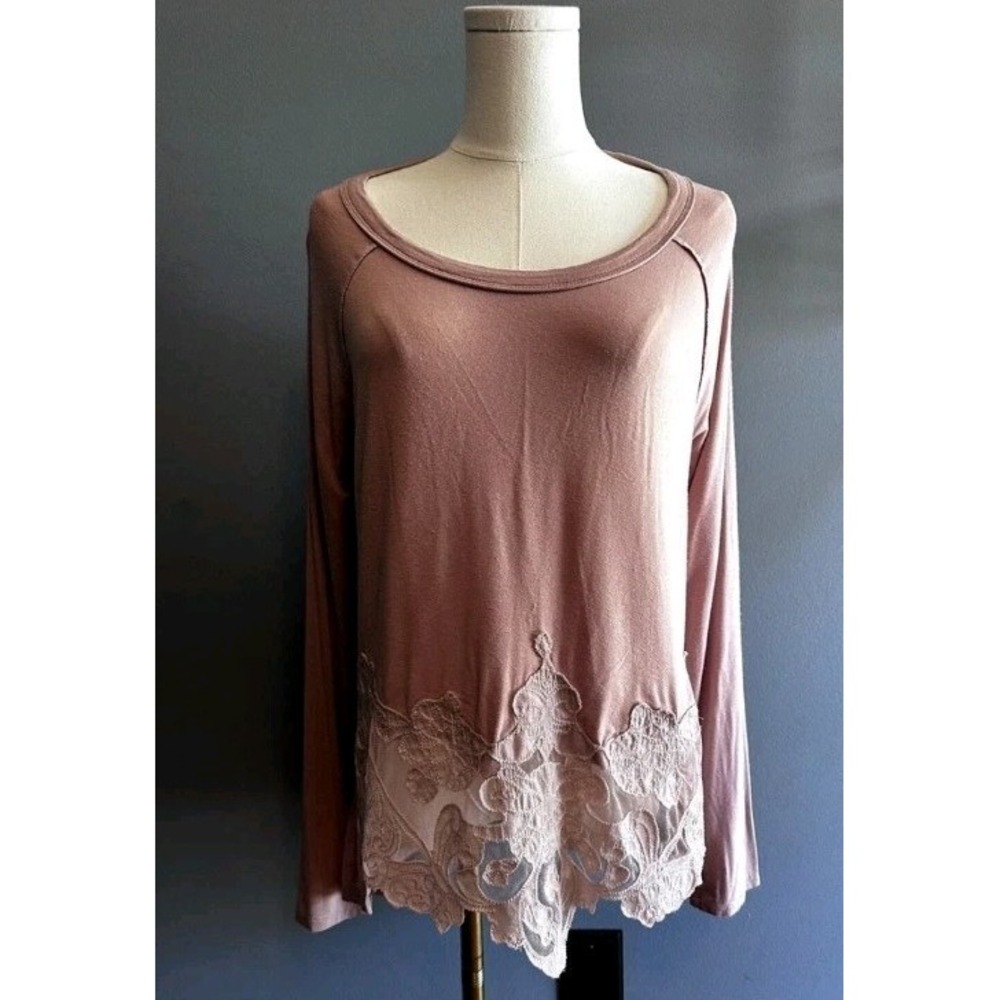 Oddi Anthropologie Mauve Lace Floral Trim Long Sleeve Blouse Top Large